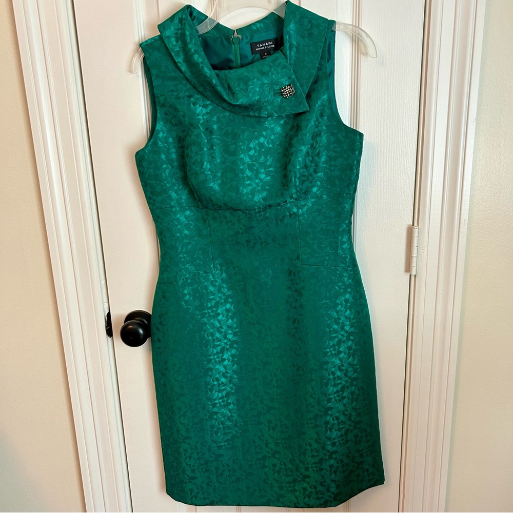 Tahari Green Sheath Dress with broach